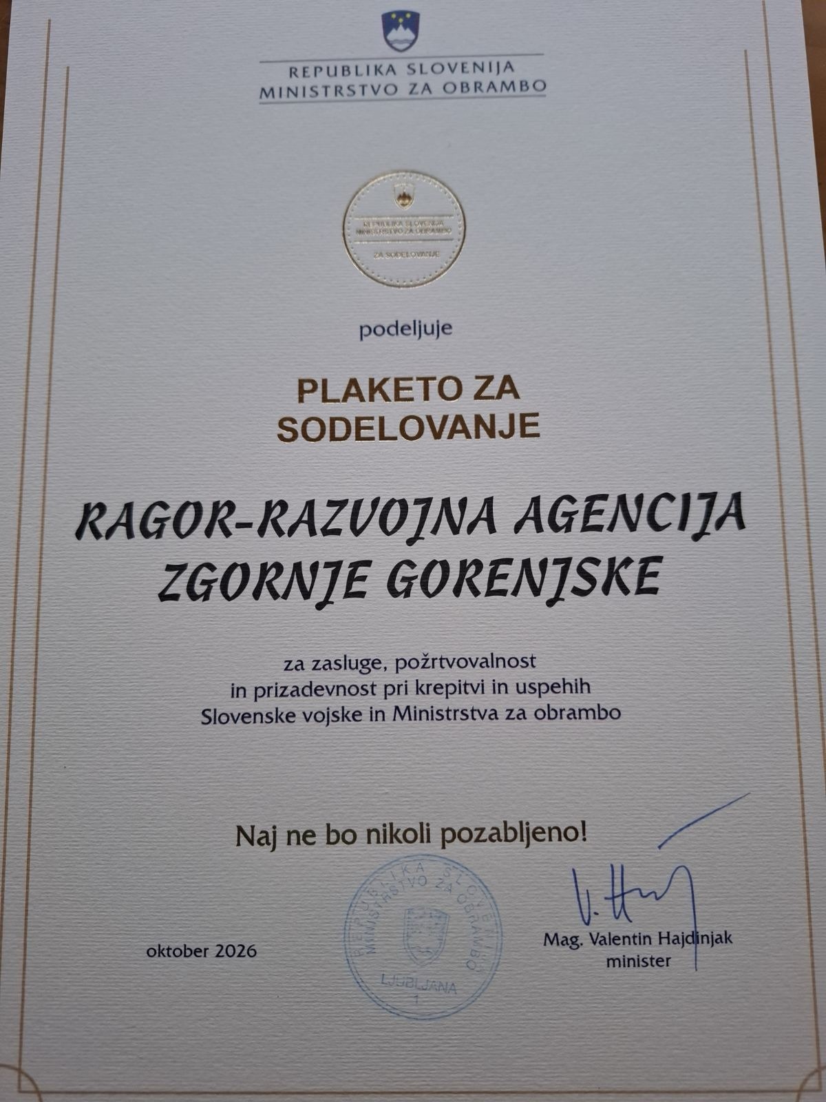 Plaketa za sodeljevanje Ministrstva za obrambo